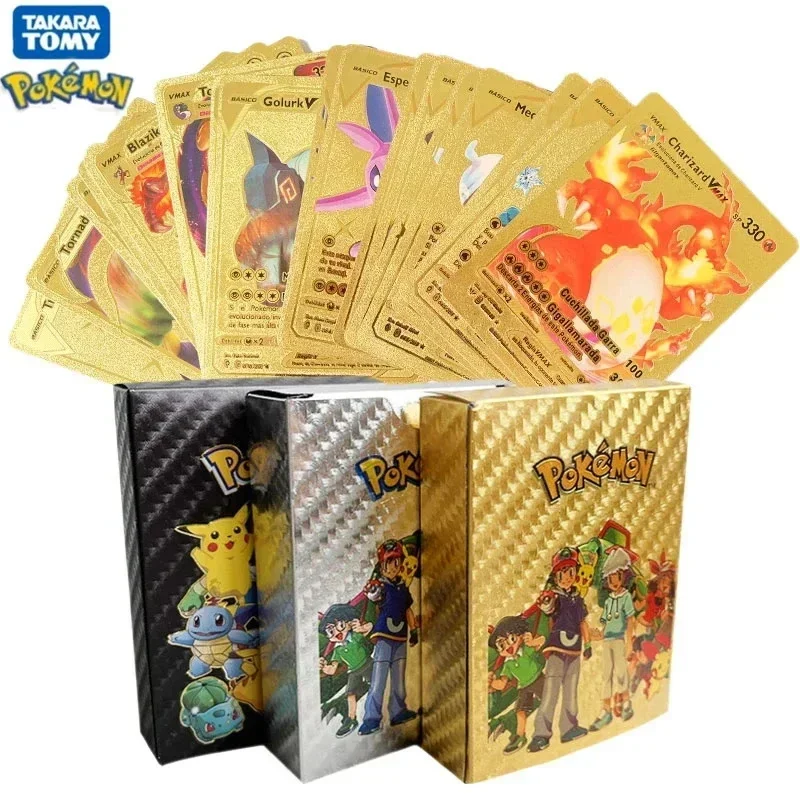 11-110Pcs Pokemon Cards Gold Foil Golden Letters English Spanish French German Game Card Metalicas Charizard Vmax Gx Series Gift