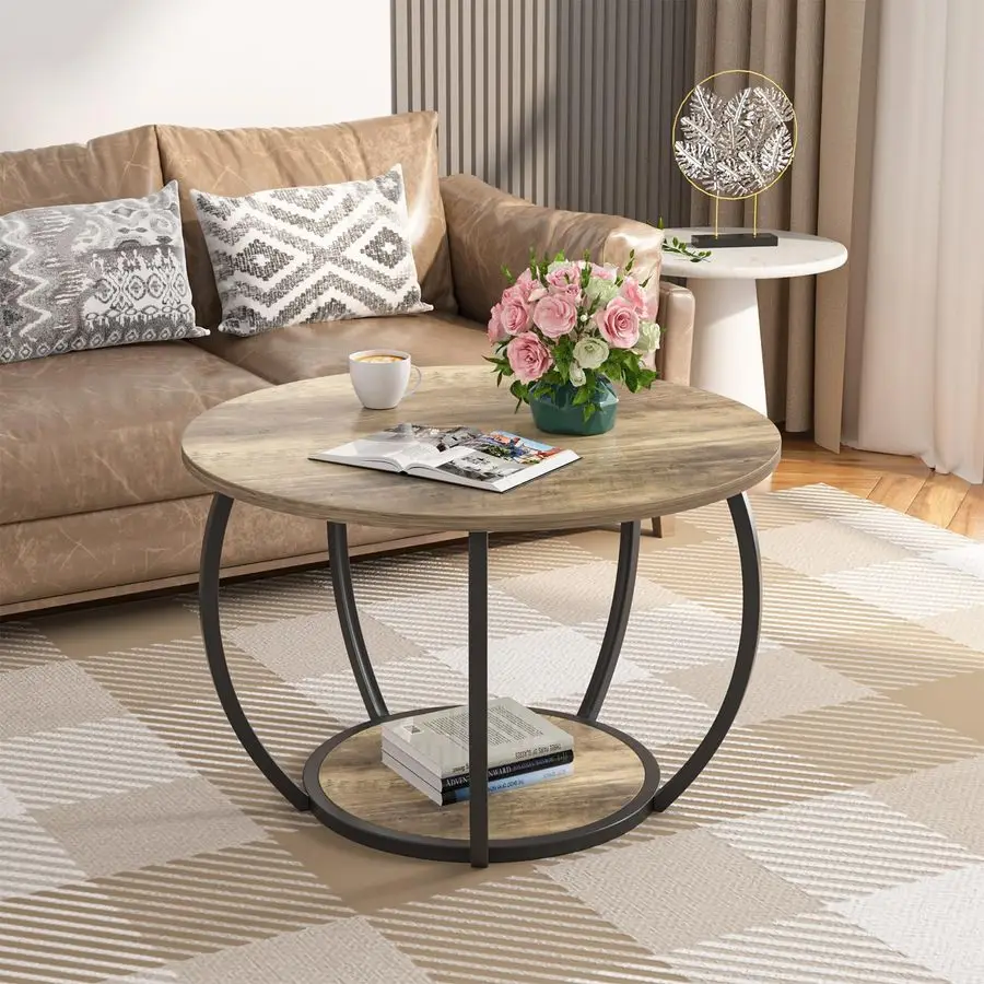 

Round Coffee Table with 2Tier Open Storage, 27.6 inch Small Circle Coffee Tables with Adjustable Feet, Modern Mini Center Table