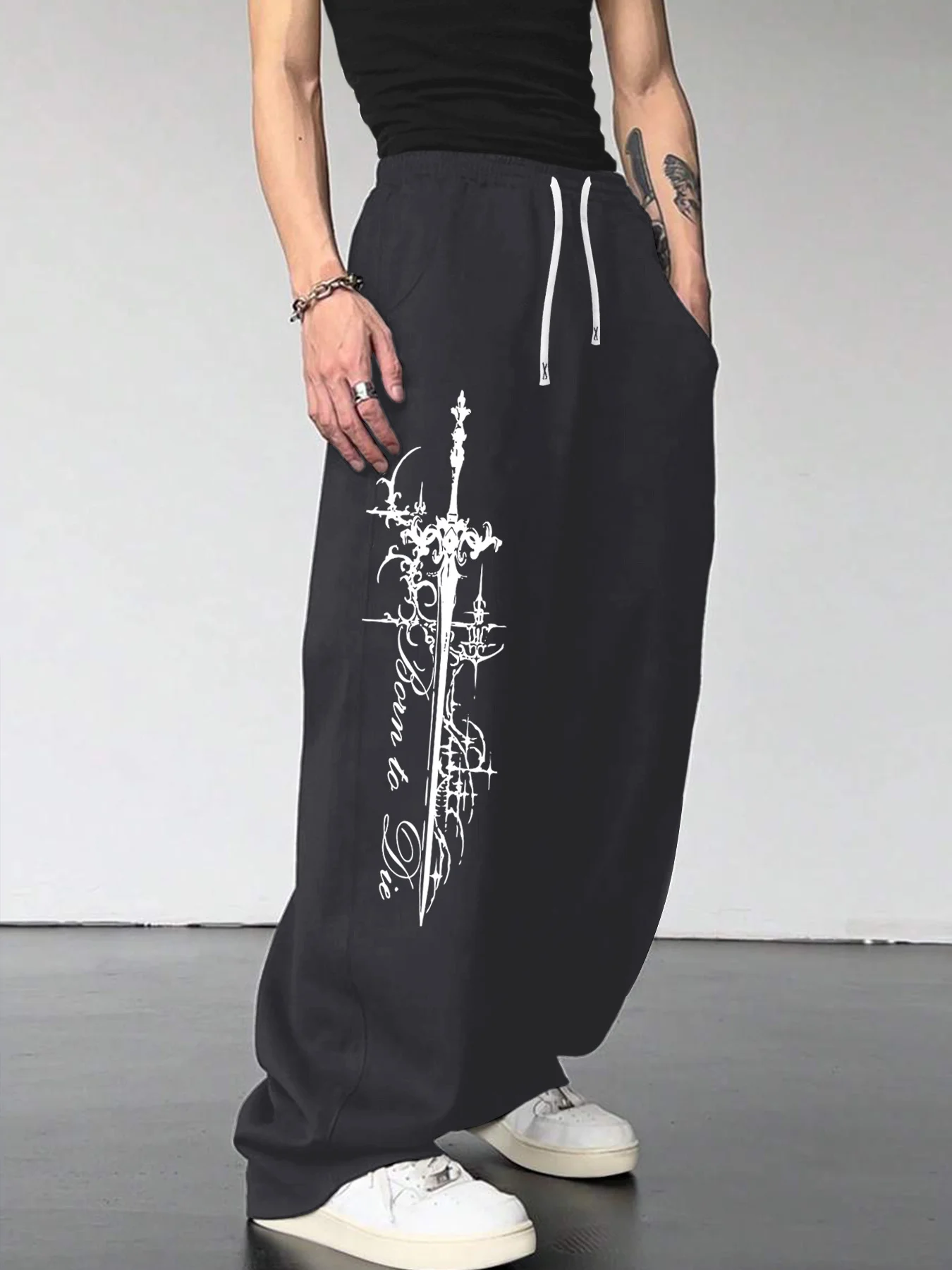 Men Gothic Dark Sword Letter Print Straight Leg Pants Oversize Soft Drawstring Casual Streetwear Sports Trousers S-3XL
