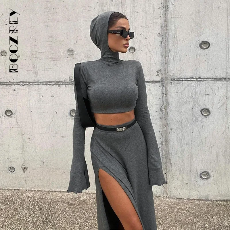 

BoozRey 2024 Autumn New Fashion Solid Hooded Skinny Girdle Dress Sets Long Sleeve Slit Open Pullover Casual for Women Clothing