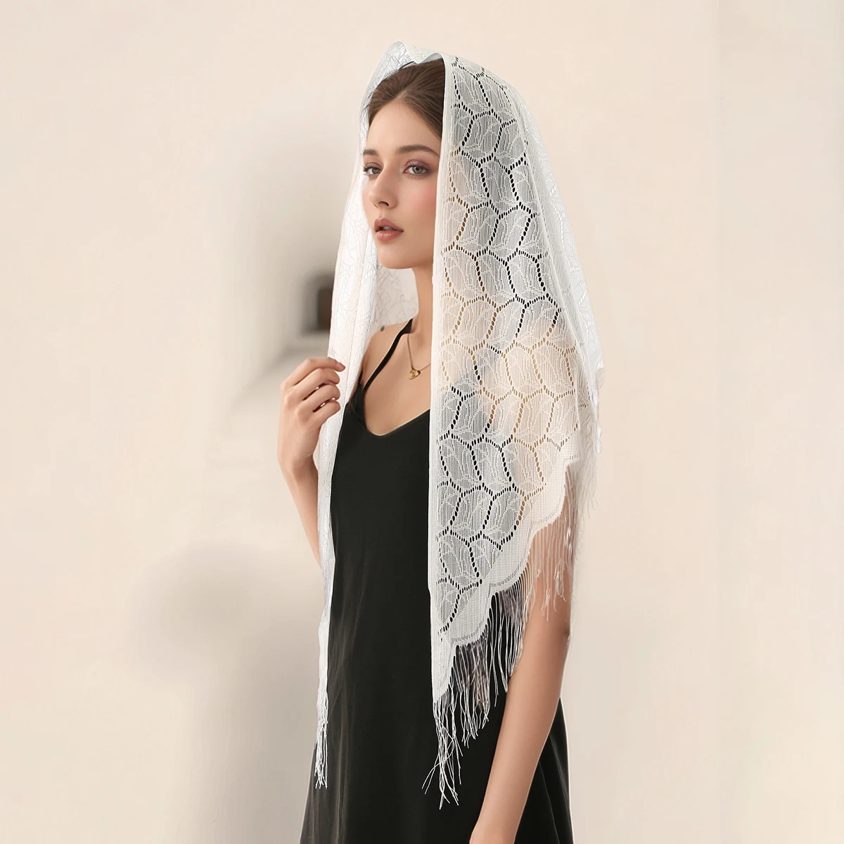 

Knitted Tasssels Triangular Scarf Woman Elegant Shawls Hollow Out Triangle Poncho Tassels Shawl Soft Cape Wrap