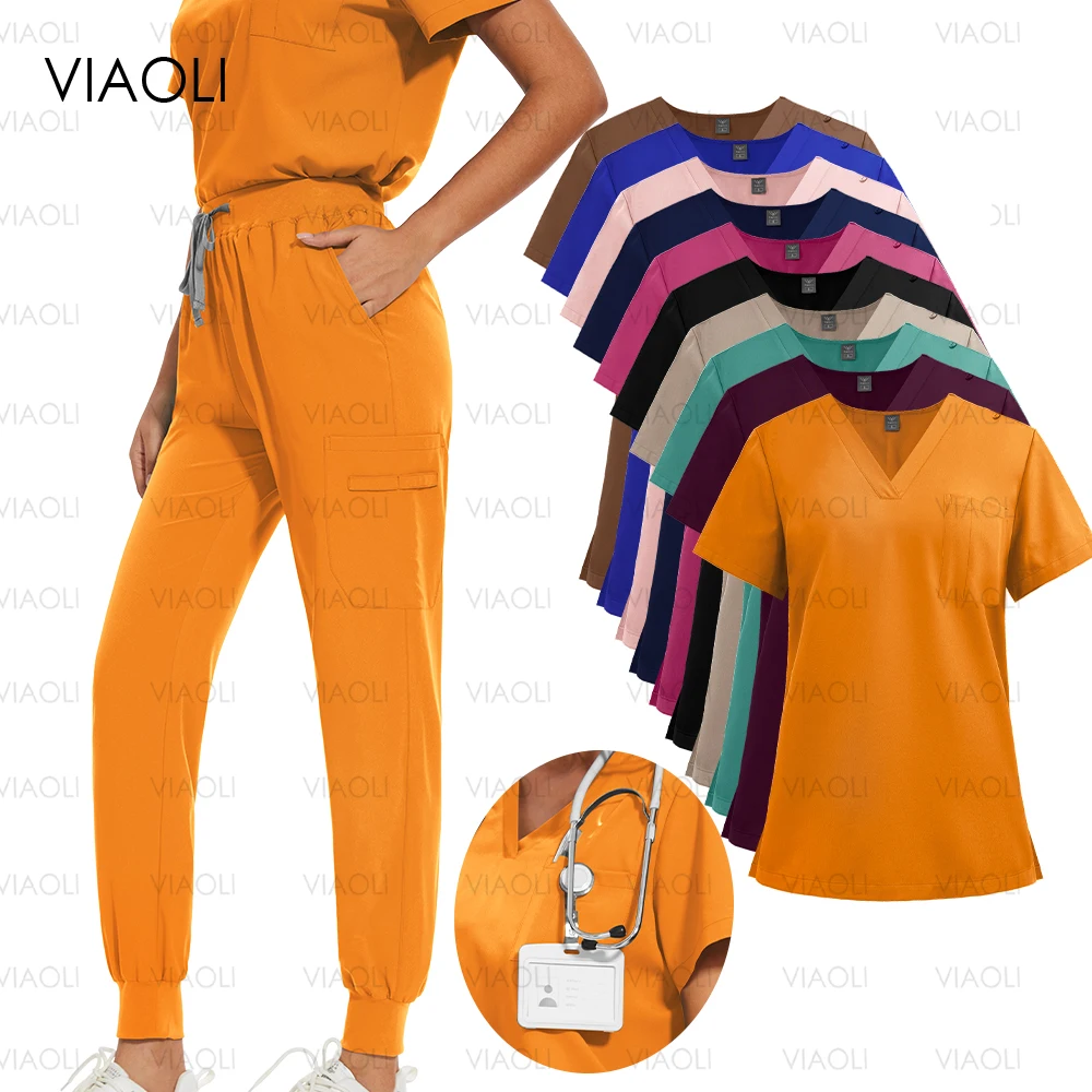 Multicolour Jogger Suits Doctor Nurse Nursing Uniforms Short Sleeve V-neck Tops Pocket Pants Medical Scrubs Set Clinical Clothes