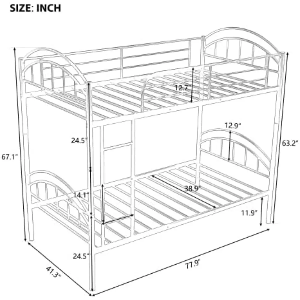 Metal Bunk Bed, Twin Over Twin Bunk Bed Frame with Built-in Ladder/Safety Guardrail, Divided into Two Beds