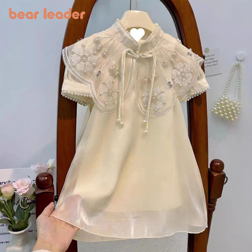 Bear Leader Summer Dress New Girls' Chinese Qipao Mesh Pearl Applique Dress Children's Kids Sweet Fashion Short Sleeve Dress