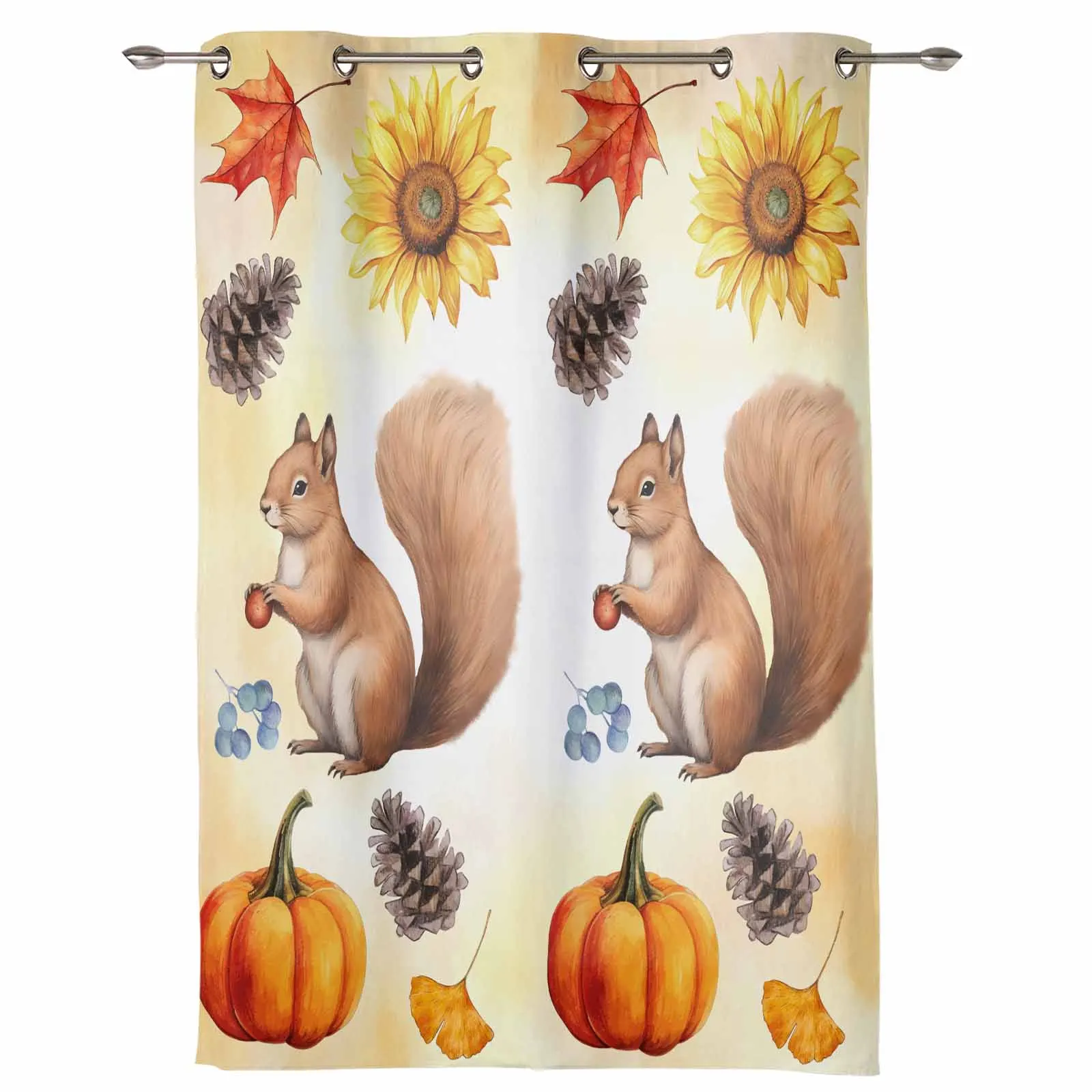 Squirrels Pumpkins Autumn Maple Leaves Pine Cones Window Curtains for Living Room Bedroom Curtain Home Decor Balcony Drapes