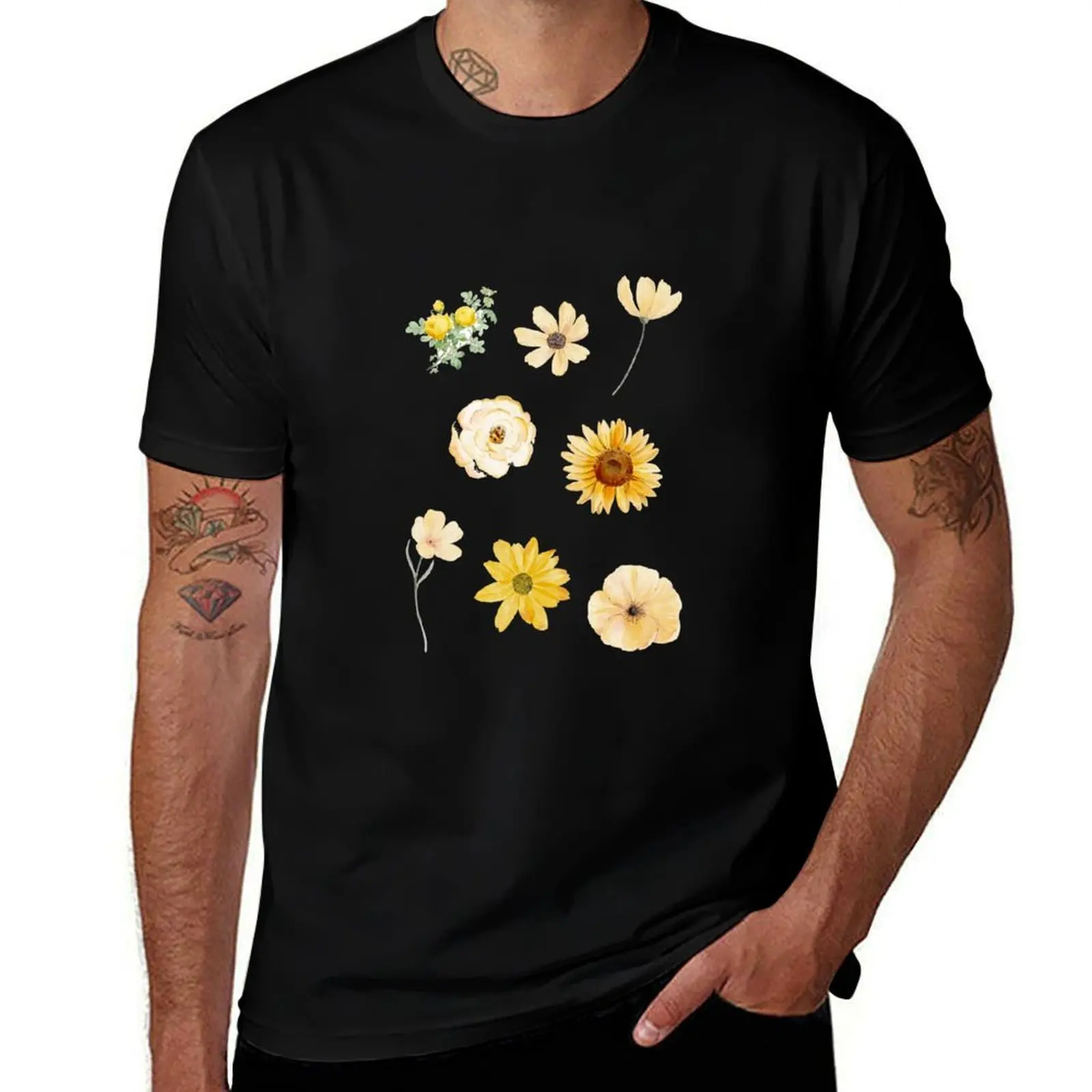 

Yellow Water Color Flower Pack T-Shirt cotton man t-shirts sports fans anime T-shirt men