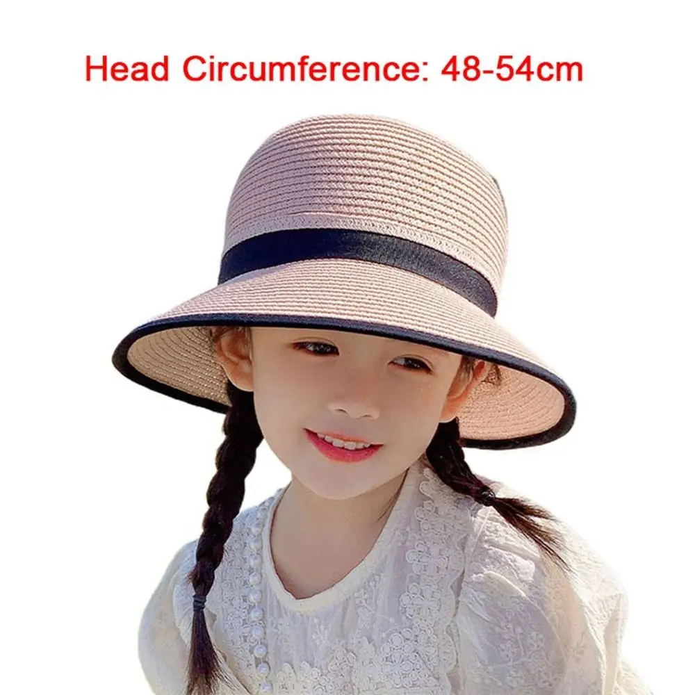 Spring Summer Children Baby Girl Straw Plaited Bucket Hat Beach Holiday Round Top Outdoor Bow Sun Block Hat Cap for Kids Girls