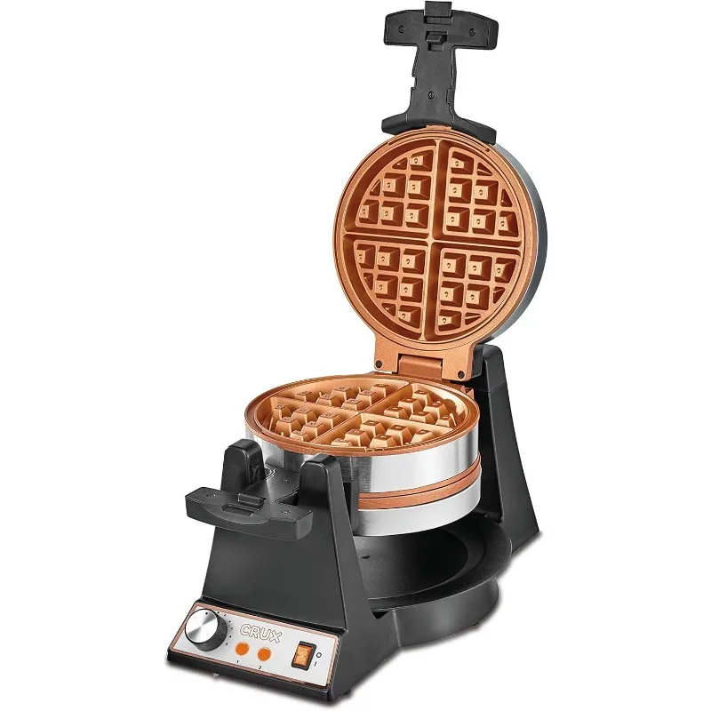 CRUX Double Rotating Belgian Waffle Maker, Keto Chaffles Iron with Nonstick PFOA Free Copper Plates for Easy Food Release