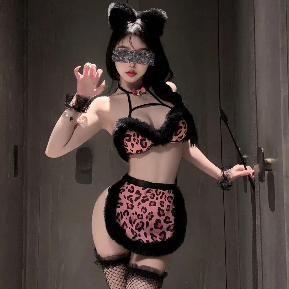 Anime Pink Leopard Pattern Uniform Cat Girl Plush Sexy Lingerie Outfit Pajama Costume Cosplay Woman RolePlay Nightwear Underwear view 2