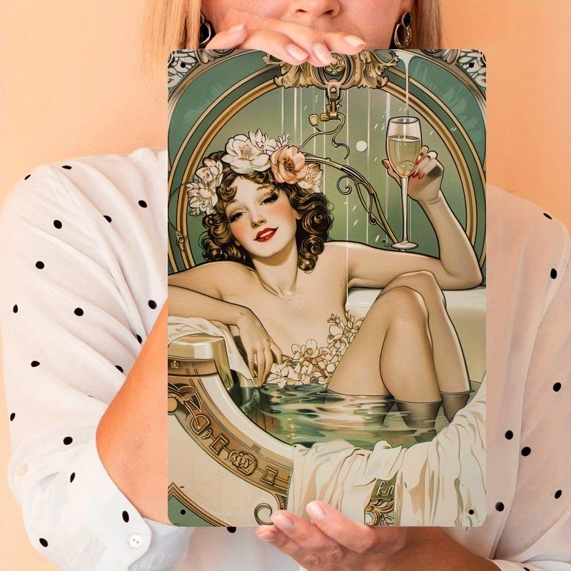 ديكور الغرفة قطعة واحدة من ديكور الغرفة - 1920s سيدة أنيقة شرب الشمبانيا في حوض الاستحمام علامة عتيقة مطلية بالقصدير، جدارية جدارية للحمام، Uniq #6