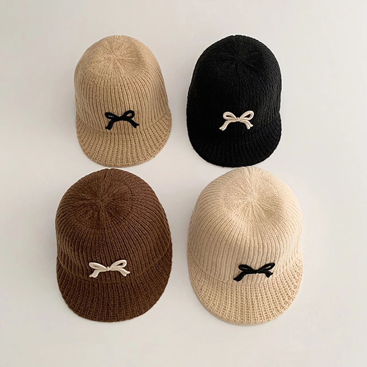 

Solid Color Bow Baby Knit Hat Winter Warm Short Eave Infant Peaked Cap Thicke Woolen Kids Duckbill Hats