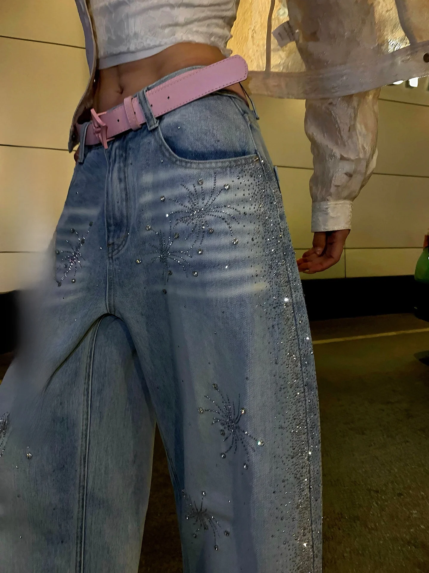 

Heavy-Duty 811 Cotton -Eye Jeans Women's Firework Rhinestone Decorated Wide Leg Pants Natural Waist Cotton Denim
