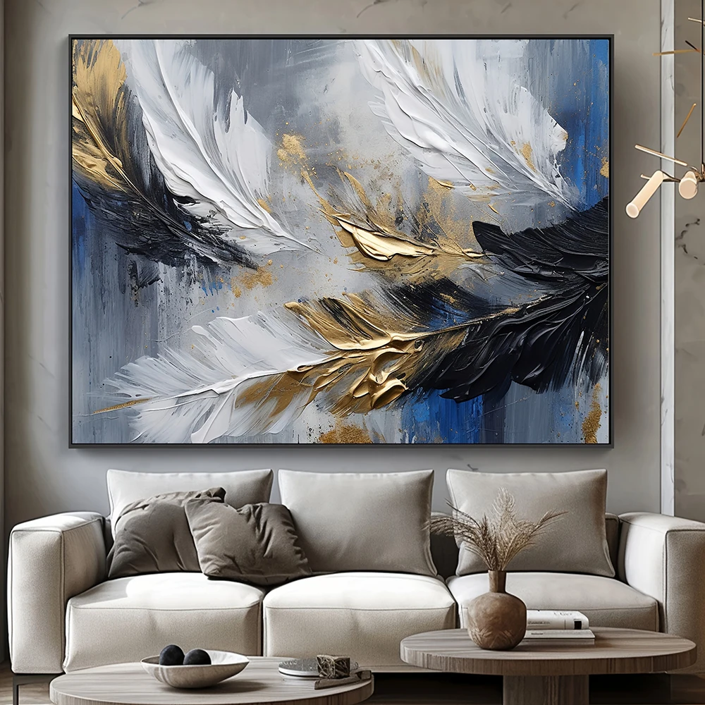 Frameless Modern Abstract Paintings-Gold-Element-Feathers-Wall Art Modern Canvas Poster for Bed Room And Living Room Decoration