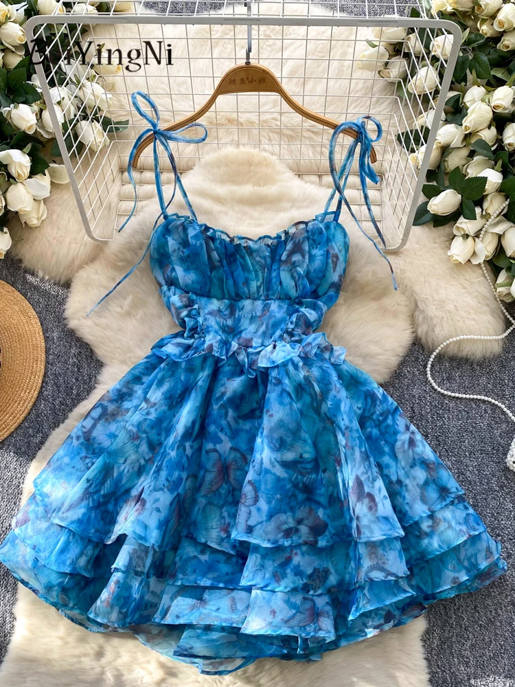 Beiyingni festa de aniversário tutu vestido feminino sexy francês doce cinta de espaguete vestidos de fiesta floral impressão malha em camadas vestido