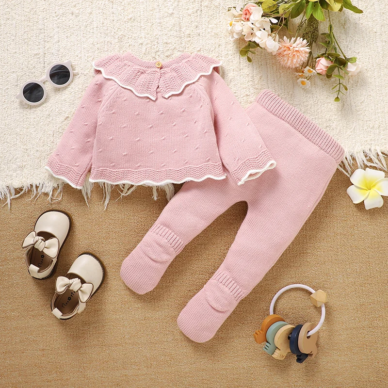 2-teiliges Baby Mädchen Kleidungsset Rosa Langarm-Pullover+Leggings Herbst Winter Lässige Oberbekleidung Kleinkind Outfit – Detail 4