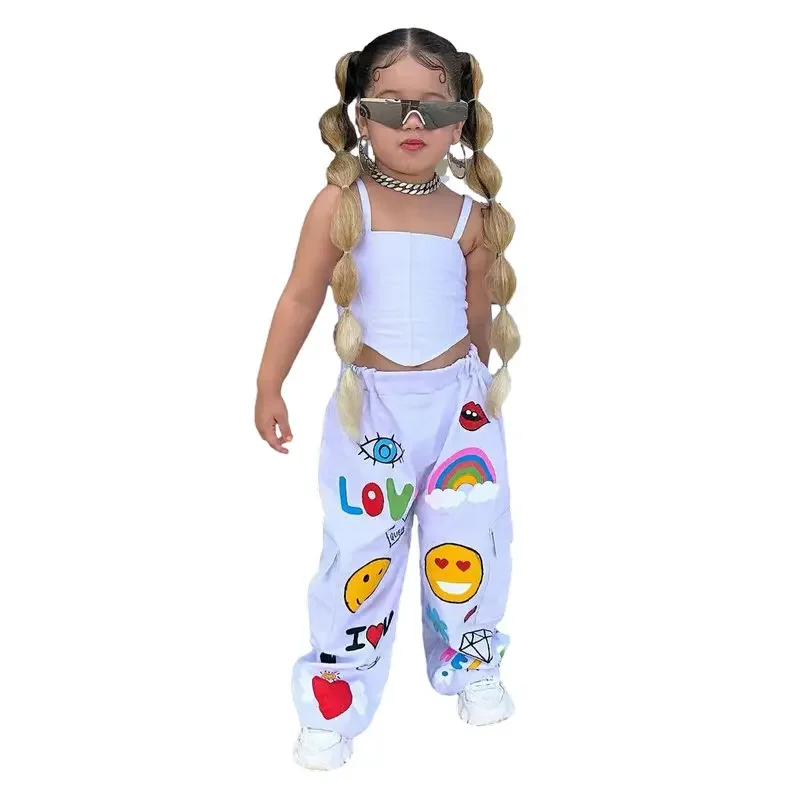 2024 Summer New Girls Fashion Solid Halter irregolare Top + Cartoon Print Pants 2 pezzi Set abbigliamento Casual per bambini età 1-8Y