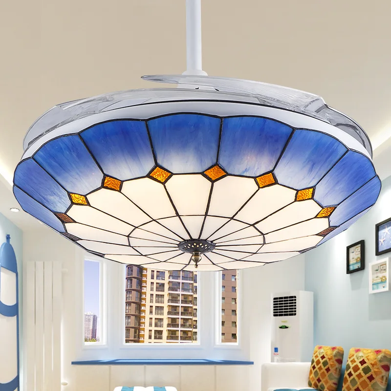 

Tiffany Invisible Ceiling Fan Lamp Living Room Dining Room Bedroom Lighting Mediterranean Fan Lamp Retro Ceiling Fan With Remote