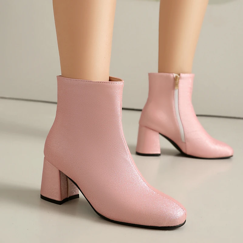 Shimmer Pink Red Black Glitter White Ankle Short Botines for Women Chunky High Heels Plus Size 47 48 Glitter Shiny Chelsea Boots