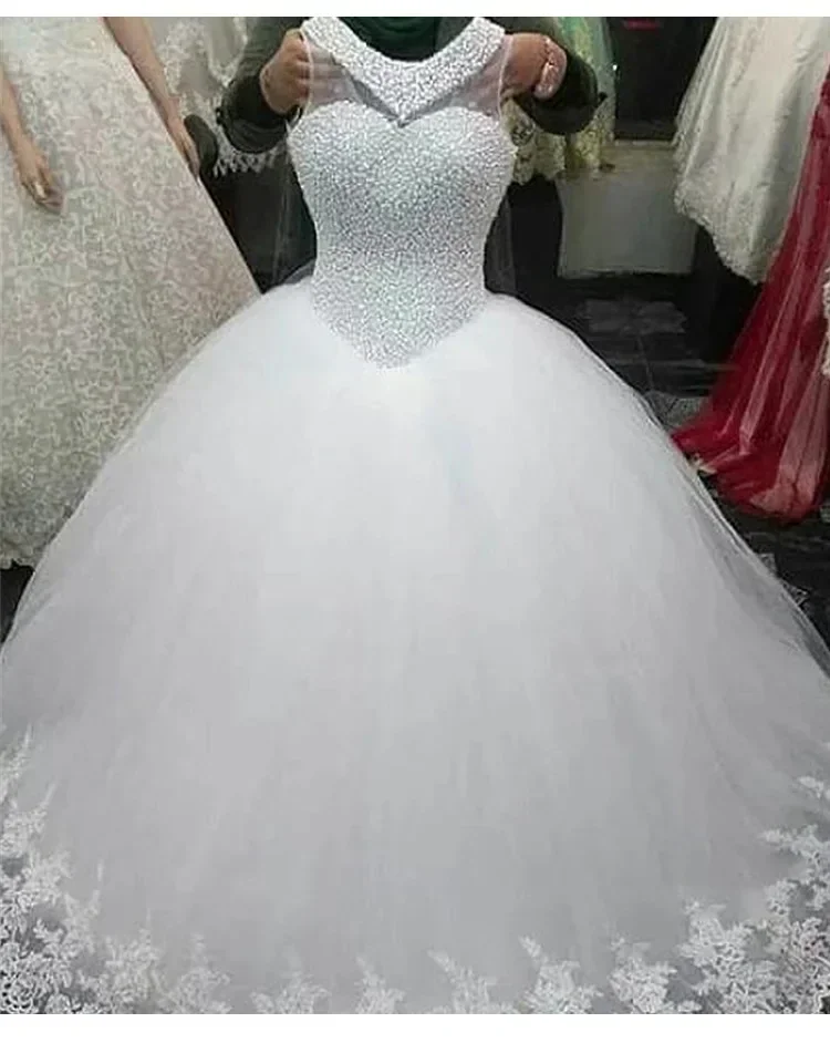 Customized Real 100% Actual Full Pearls Beaded Puffy Plus Size Floor Length White Ivory Cheap Wedding Dress 2024