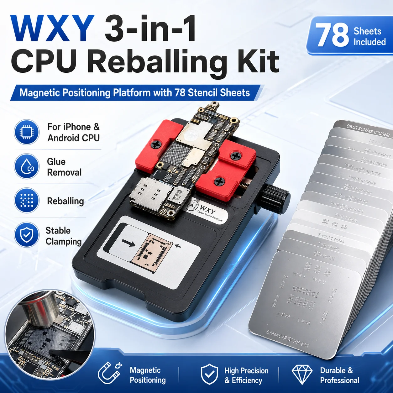 Kit de Reballing CPU 3-en-1 WXY avec Plateforme de Positionnement Magnétique et 78 Pochoirs pour la Réparation et le Retrait de Colle sur iPhone et Android