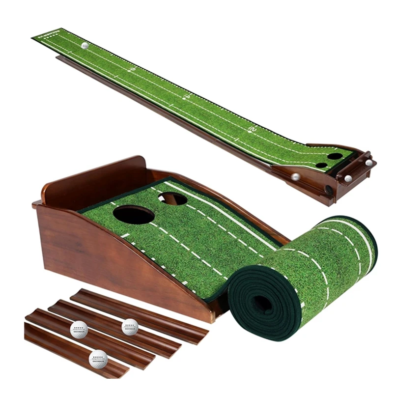 

Upgrade Mini Games Automatic Ball Return Green Golf Putting Practice Trainer Golf Putting Green Mat with 2 Holes