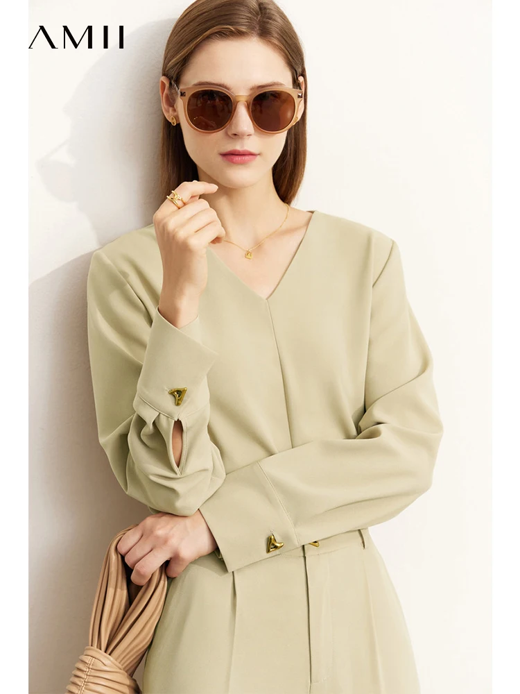 AMII Minimalism 2022 Clothing Sets for Women New Solid Elegant Blouse+High Waist Office Lady Wide Leg Pants Female 2PCS 12240966