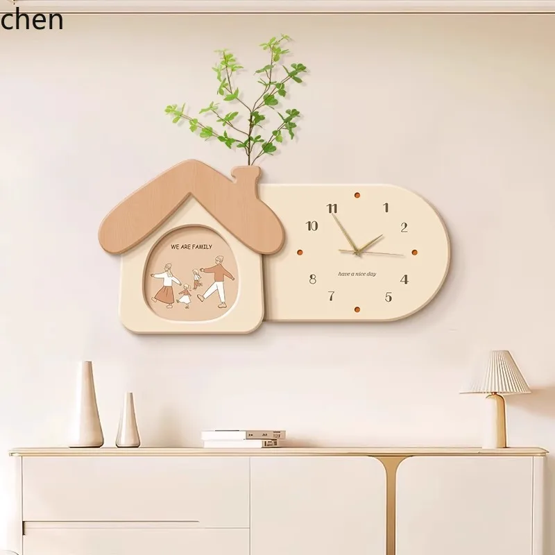 YFY  family of four restaurant decorative painting with clock, creamy style warm living room dining table wall mural