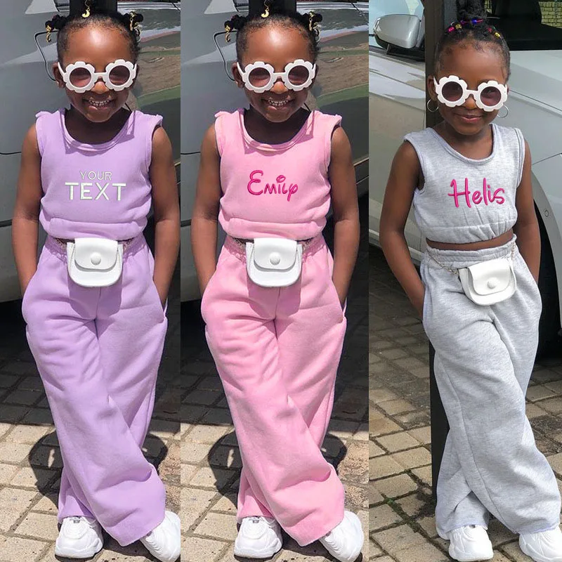 Personalized Embroidered Baby Girl Sleeveless Vest Trousers Set Custom Gift Summer Clothes for Kids 2pcs/set Top + Pants