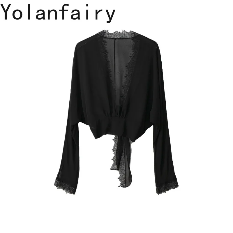 YOLANFAIRY 100% Mulberry Silk Open Shawl for Ladies Lace Splicing Long Sleeve Sun Protective Top Thin Cardigan Summer Blouse