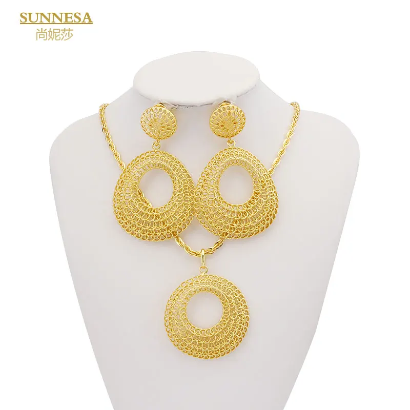 SUNNESA Complex Hollow Jewelry Set Earrings Necklace Pendant For Women Dangle Drop Earring Gold Color Dubai Jewelry