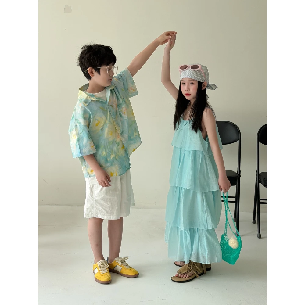 Vacatio Brother Sister Matching Outfits Summer Sibling Clothes Boys Girls Korean Shirt Tiered Ruffle Maxi Dress Kids Outfits 5