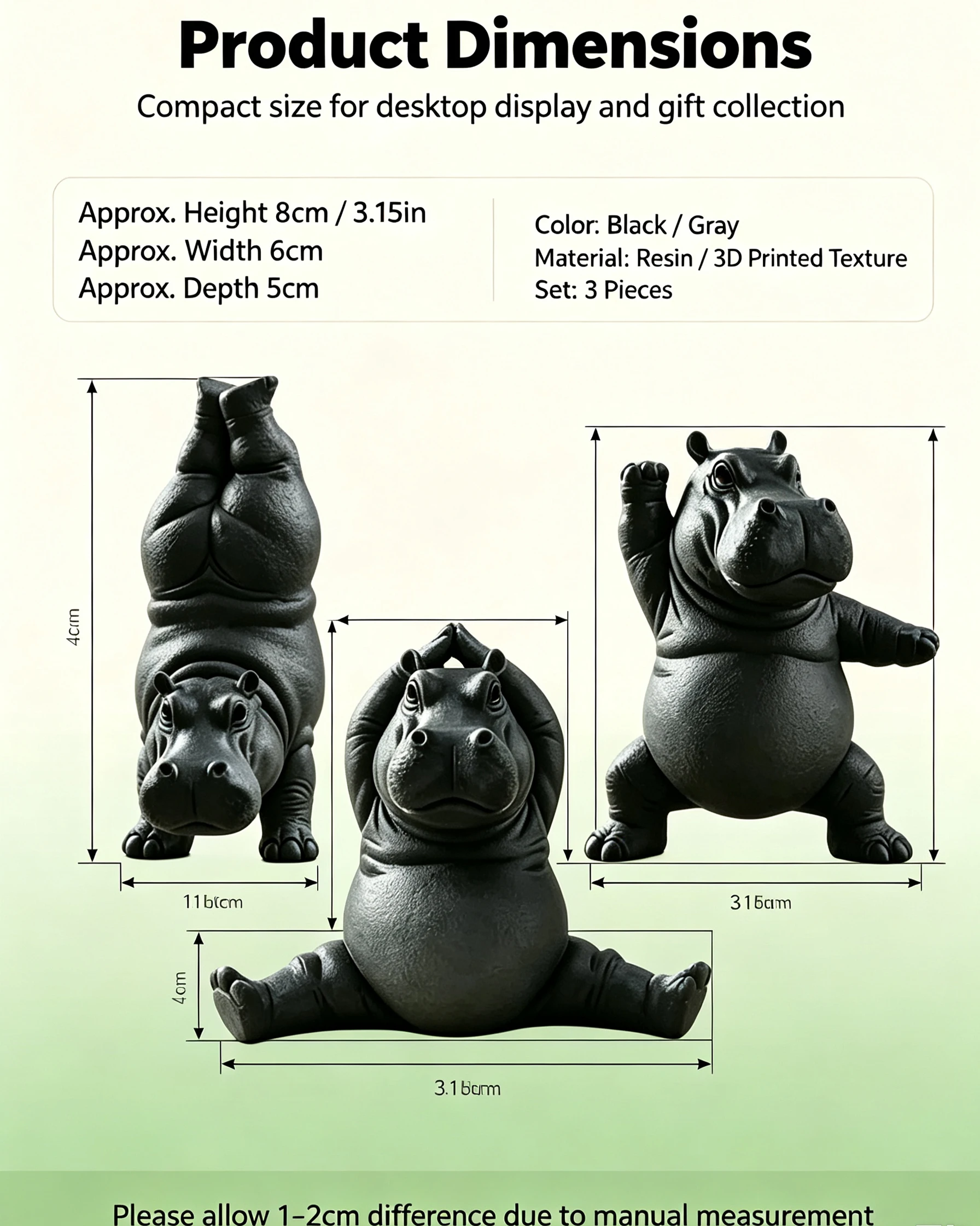 3個セットのカバのヨガ彫刻セット、かわいい漫画風の丈夫な動物 - Resin Art Studio のレビューと価格