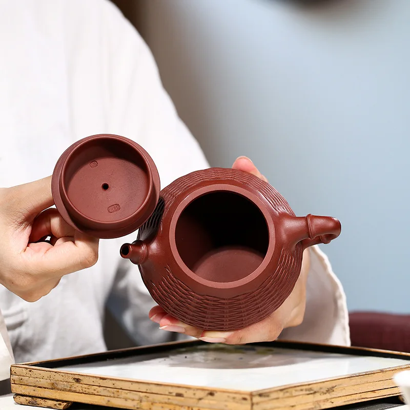 Handmade Yixing Purple Clay Purple Dahongpao bamboo woven stone scoop pot Teapot purple sand teapot Yixing handmade teapot