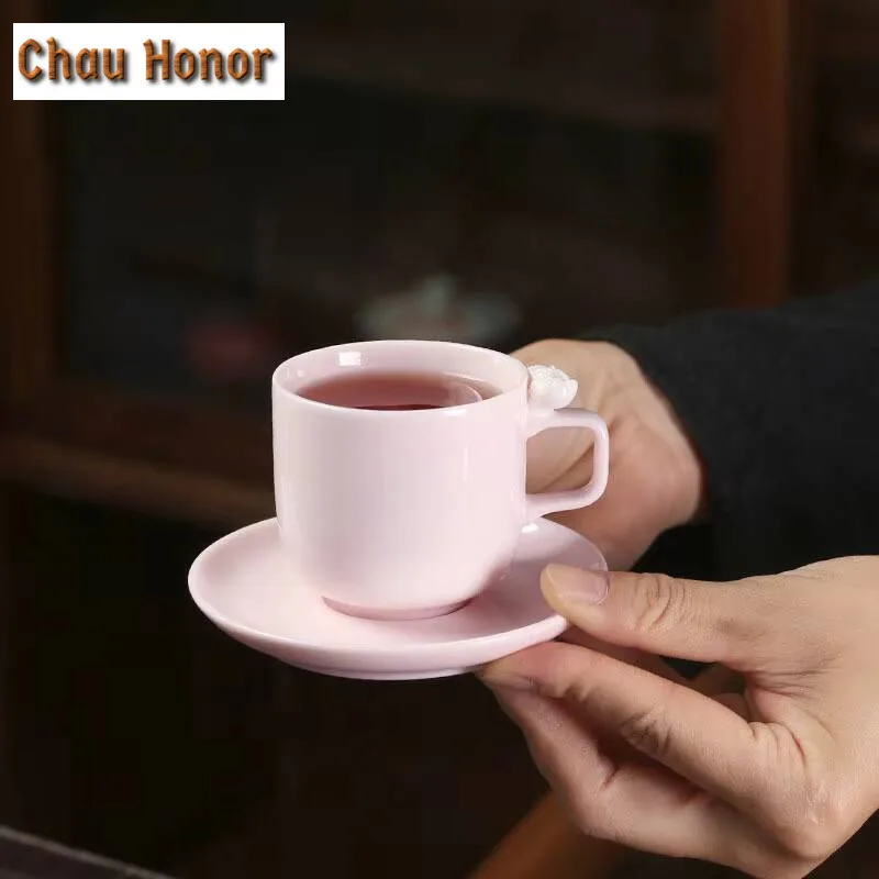 

100ml Jade Mud Cherry Powder Coffee Mug With Plate Cappuccino Latte Cup Small Afternoon Tea Mug Cup Saucer Kit Tea Services Gift