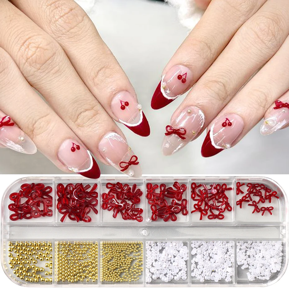 12 Grid Wine Red Bow Tie Charms Nail Art Decorations with Golden White Jewelry Wedding Nail Supplies Nail Art Decor Accessories