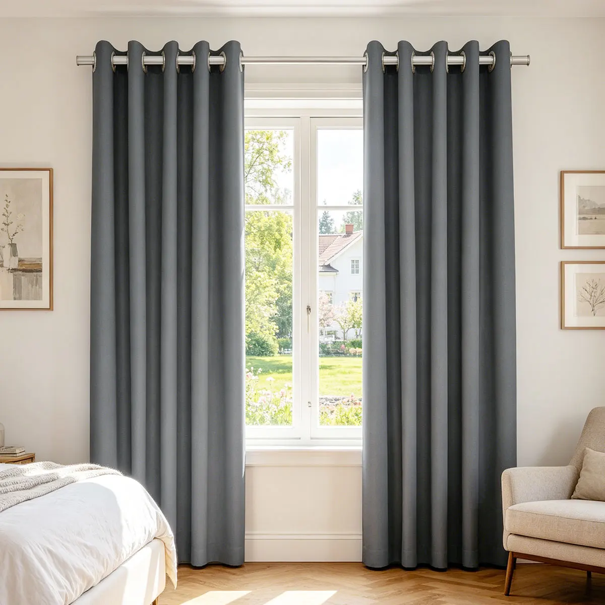 Dark Gray Solid High‑Density Blackout Curtain, Grommet Top, Privacy Window Curtain for Bedroom Living Room, 2 Panels