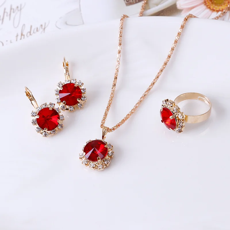 Fashion Jewelry Set for Women Round Crystal Pendants Earrings Ring Sets Bridal Decoration Colorful Three Piece Gifts Conjunto