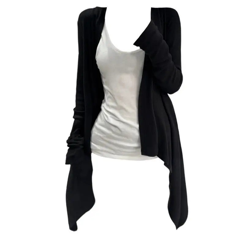 Elegant Lazy Style Pure Desire Wind Open Cardigan Set Summer New Slimming Simple Long Sleeve Vest Coat Irregular Hemline