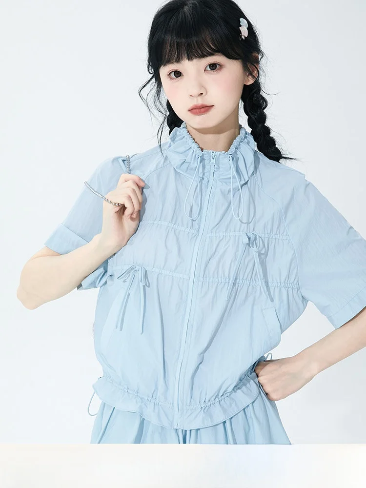 

Summer Thin Knot Dstring Design Stand Collar irt ey Water Blue Women's Original Design Loose Fit Long Sve