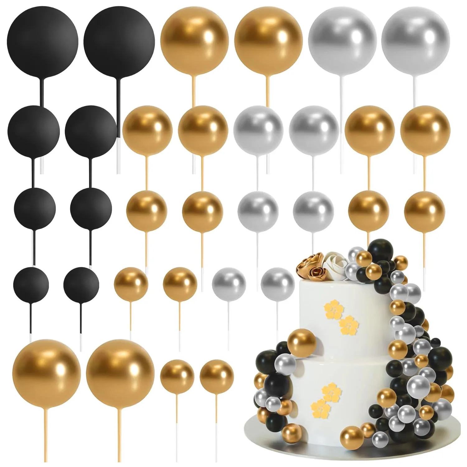 32Pcs Black Gold Silver Ball Cake Topper Decorations Mini Balloons Sticks Foam Balls Picks Cake Decorationsfor Wedding Birthday