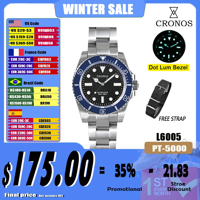 Cronos Sub Diving Men Watch No Date PT5000 Brushed Bracelet Ceramic Bezel 200 meters Water Resistant Glideclasp