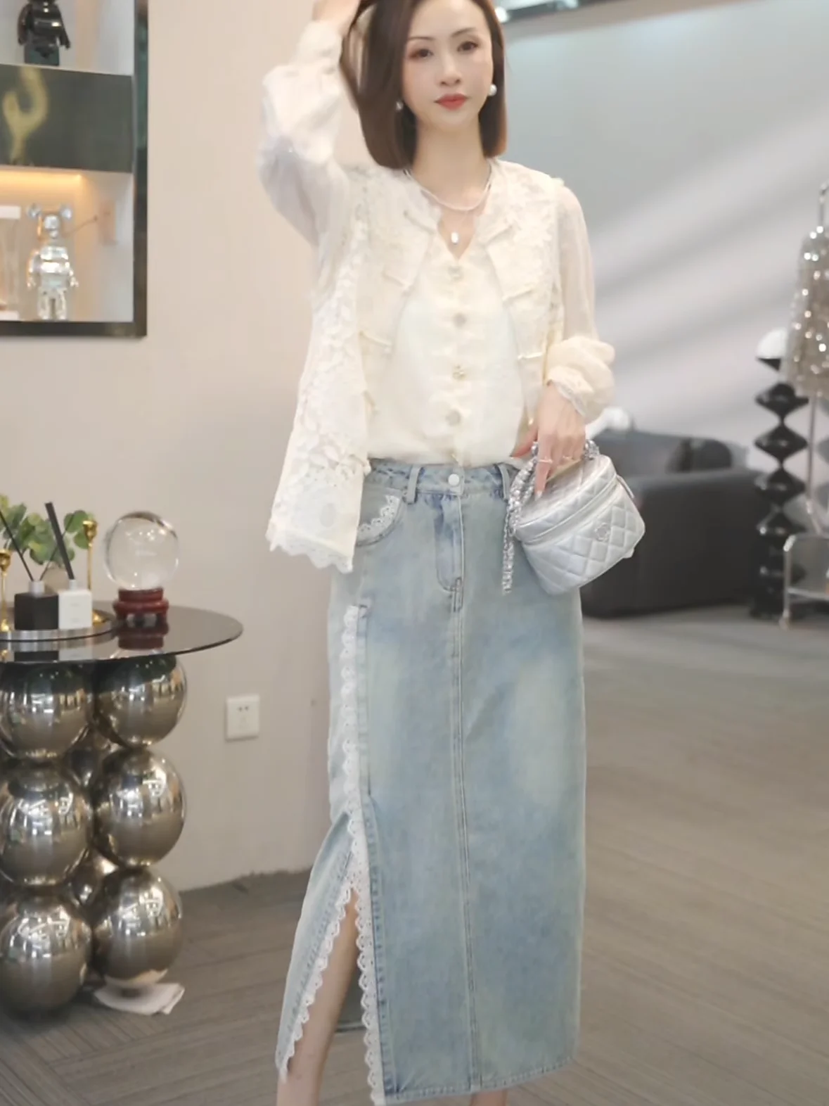 High Waist Slimming Denim Midi Skirt Women's Spring New Style Fashionable Casual Straight Cut Knee-Length Single Color Skirt