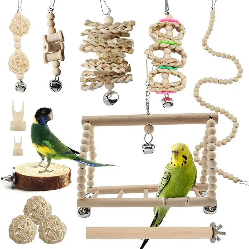 Combination Bird Toys Set Swing Chewing Training Toys Small Parrot Hanging Hammock Parrot Cage Bell Perch Toys with Ladder