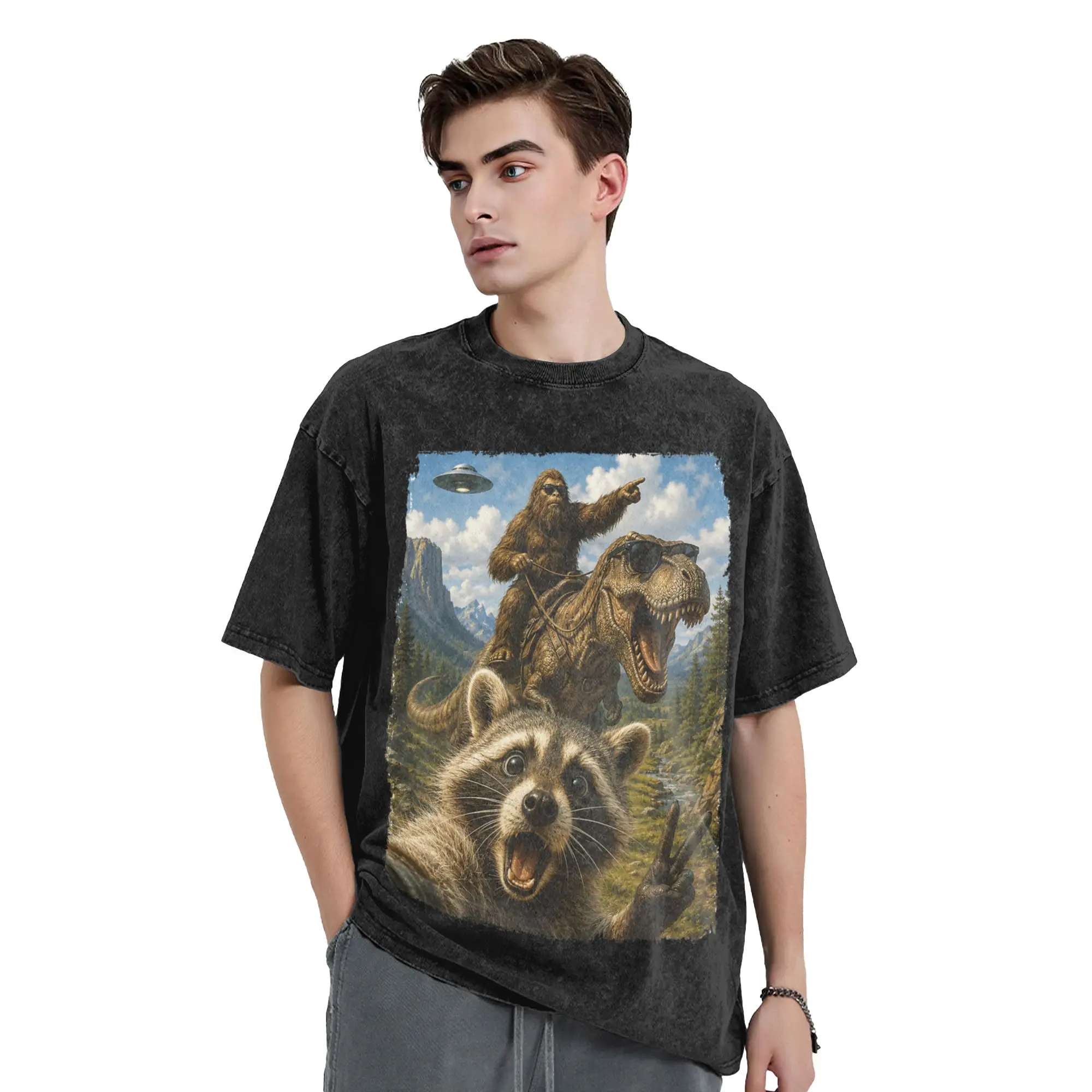 Men's Raccoon Selfie Bigfoot T Rex UFO Funny Gifts T Shirts  Top Tees Summer Vintage Short Sleeve Custom DIY Tshirt Wholesale
