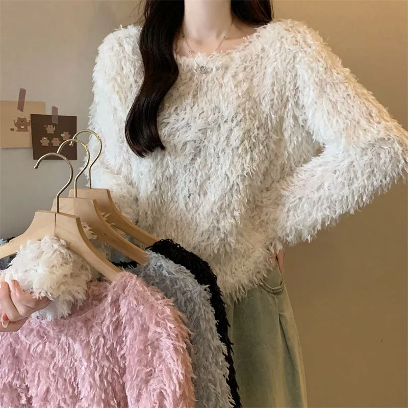 Pullover Pink Round Necked Long Sleeved Knitted Sweater Korean Autumn Sueters De Mujer Feathers Tops Jumper 2024 Sweet