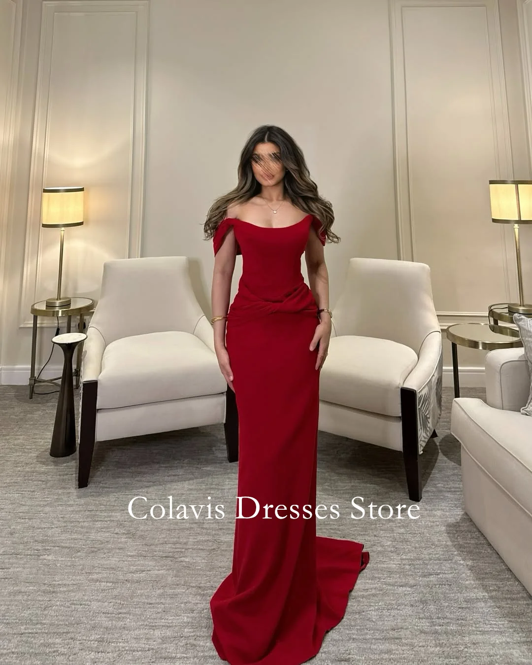 

OIMG Dubai Off the Shoulder Customized Prom Dresses Evening Dress Red Mermaid Crepe Women Evening Gowns Formal Party Dress