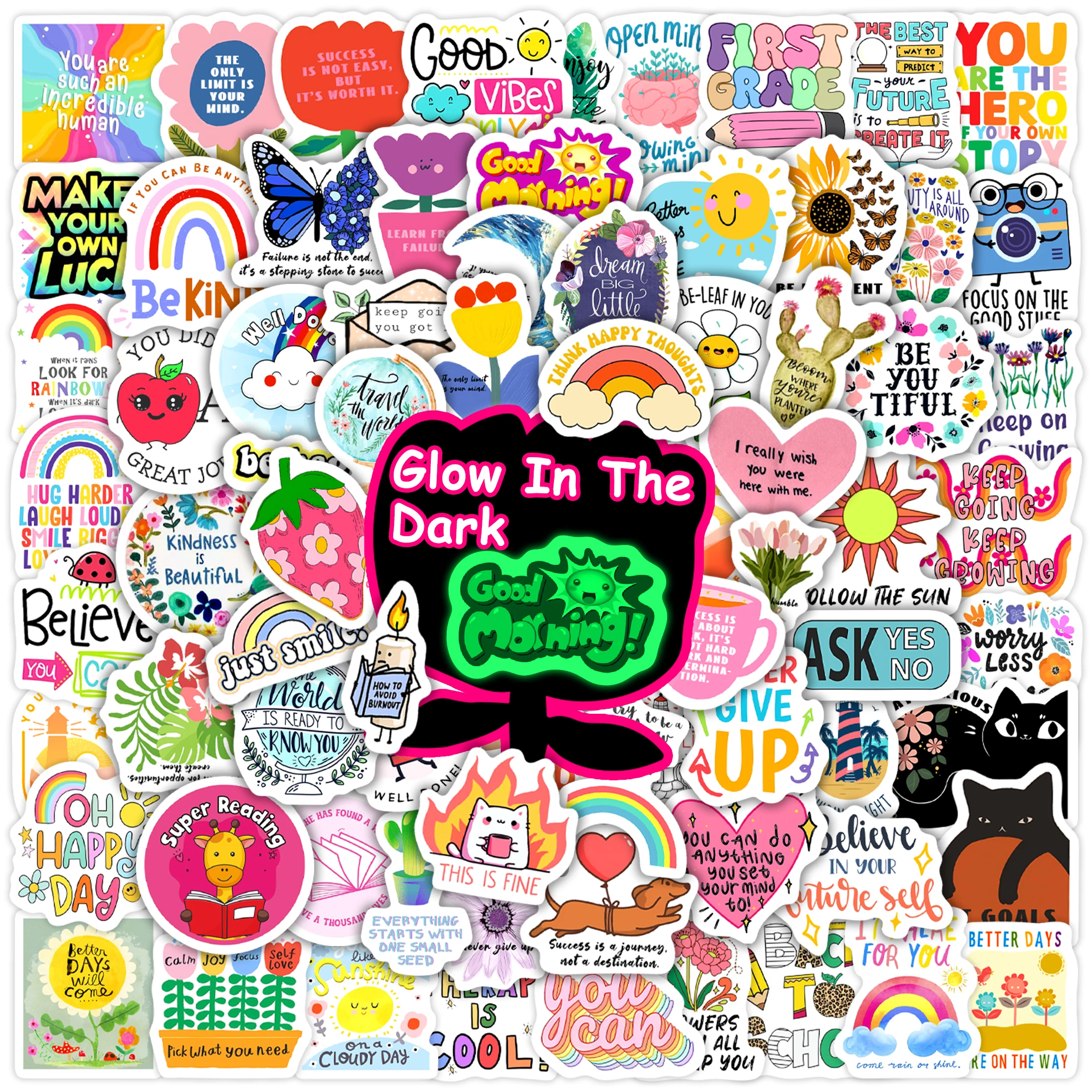 

50Pcs Positive Phrase Pattern Glow in the Dark Stickers Waterproof Vinyl Decals Computer Phone Case Decoration for Kids Teens