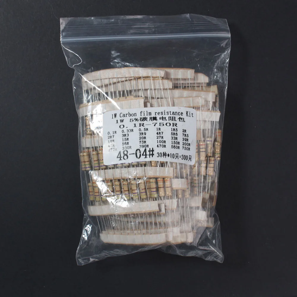 300 قطعة/الوحدة 1 واط الكربون فيلم المقاوم عدة 0.1R ~ 750R 30 قيم المقاومة مجموعة DIY بها بنفسك المكونات الإلكترونية 5% اللون حلقة المقاومة