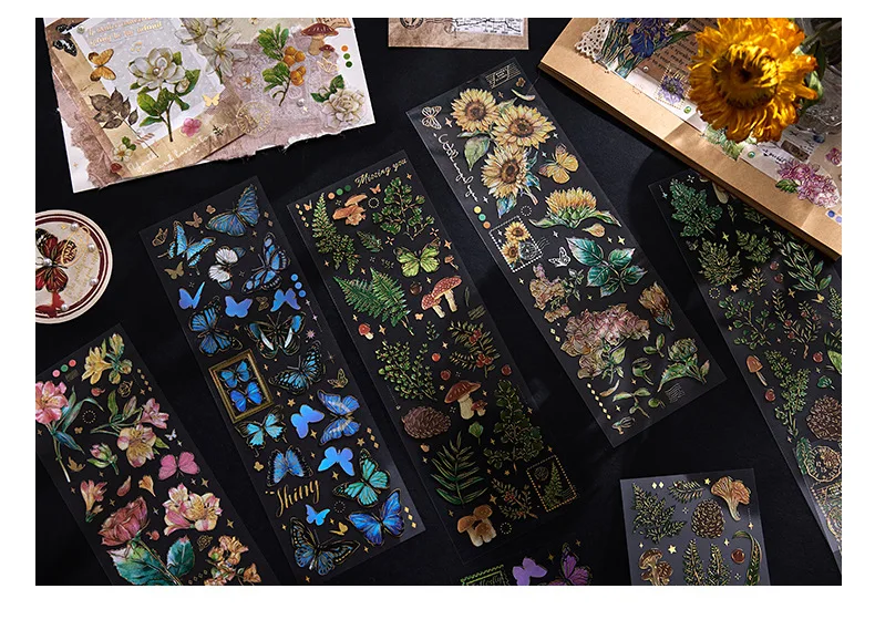 20 Sheets/pack Flowers Plants Letters PET Hot Stamping Gilding Stickers Journal Scrapbook Hand Ledger Decorative Material