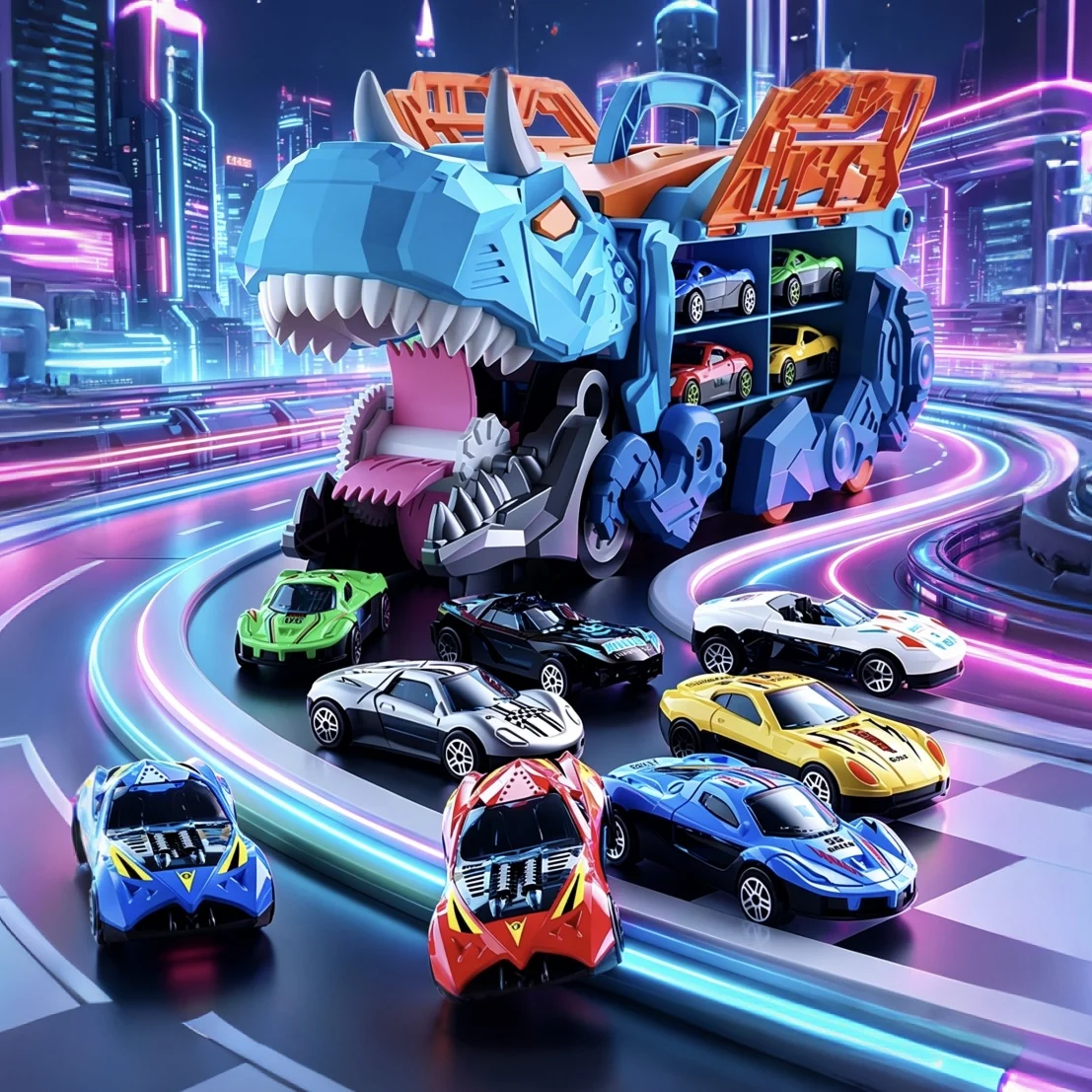 This Dinosaur Transport Truck Can Fold and Slide Into a Track, Transforming Six Alloy Vehicles Into a Standing Tyrannosaurus Rex